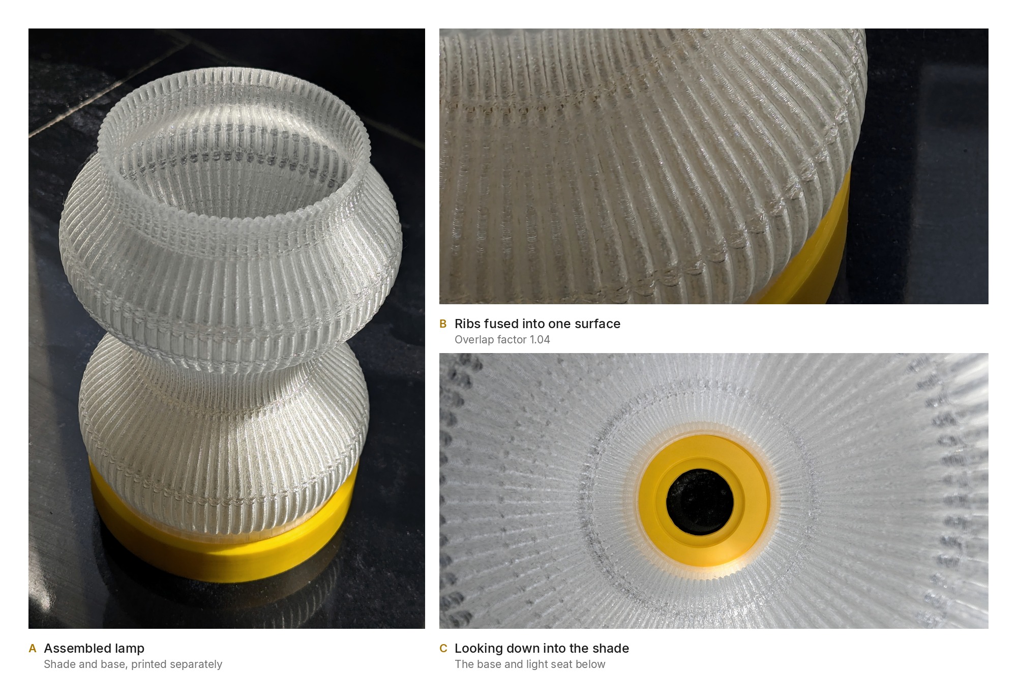 Customizable 3D printed lamp in PLA: assembled view, close-up of the fused ribs, and a view down into the shade