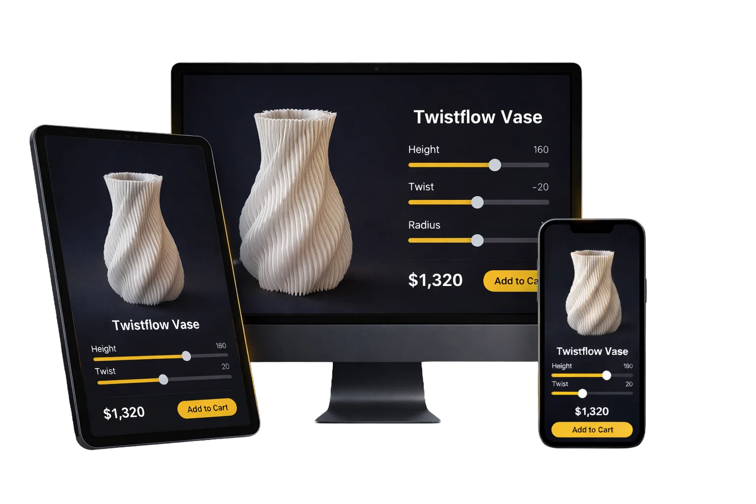 A product configurator delivered by Configurator.tech, running on desktop, tablet, and phone