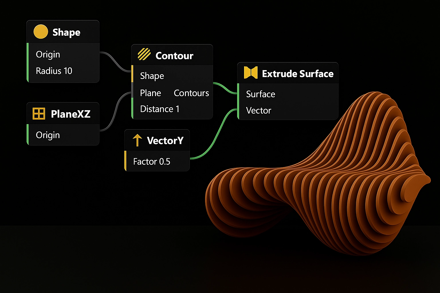 Visual programming editor with node-based interface showing parametric design workflow
